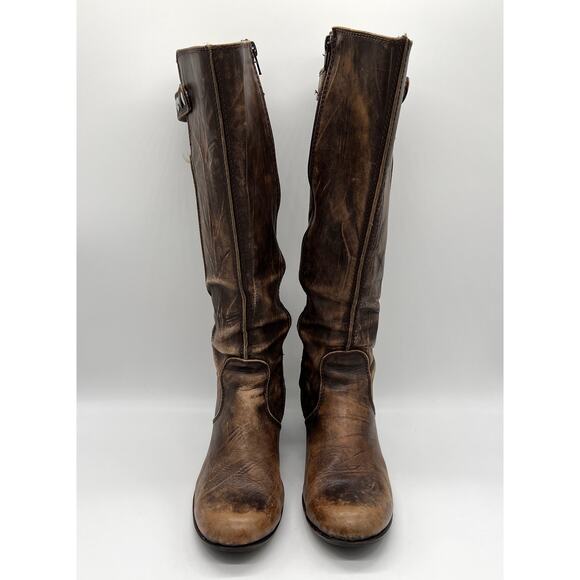 U ROADS Heeled Boots Womens 8 Brown Distressed Leather Knee High Round Toe - Picture 2 of 16